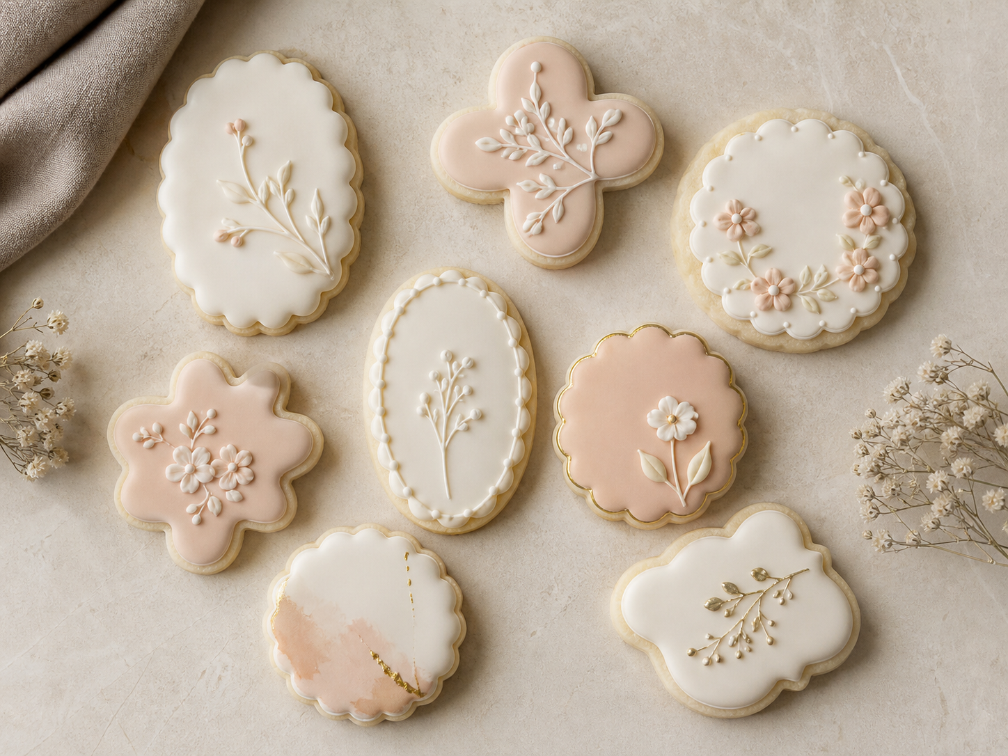 Blush and ivory floral decorated sugar cookies