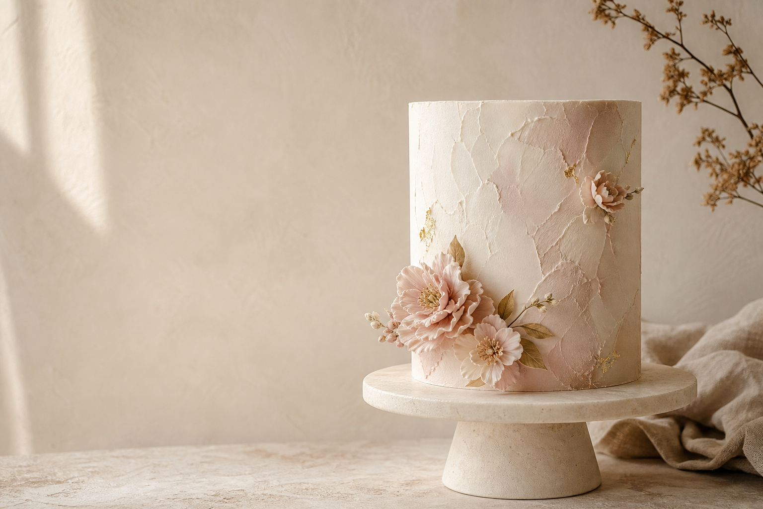Ivory celebration cake with blush sugar flowers